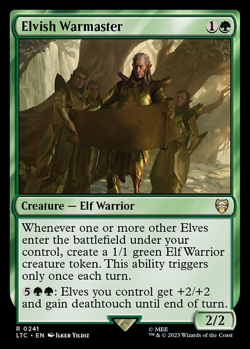 Whenever one or more other Elves enter the battlefield under your control, create a 1/1 green Elf Warrior creature token. This ability triggers only once each turn.
{5}{G}{G}: Elves you control get +2/+2 and gain deathtouch until end of turn.