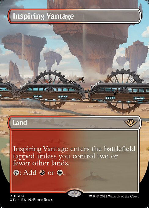 Inspiring Vantage enters the battlefield tapped unless you control two or fewer other lands.
{T}: Add {R} or {W}.
