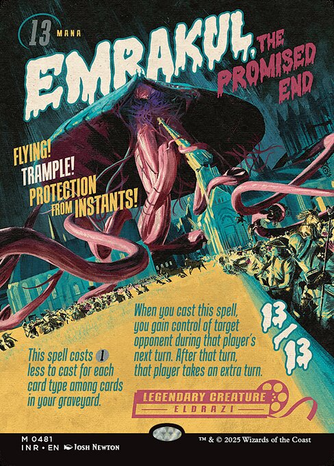 This spell costs {1} less to cast for each card type among cards in your graveyard.
When you cast this spell, you gain control of target opponent during that player's next turn. After that turn, that player takes an extra turn.
Flying, trample, protection from instants