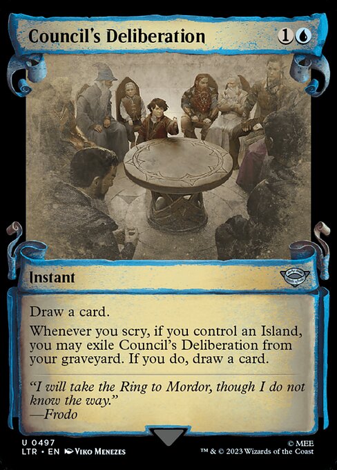 Draw a card.
Whenever you scry, if you control an Island, you may exile Council's Deliberation from your graveyard. If you do, draw a card.