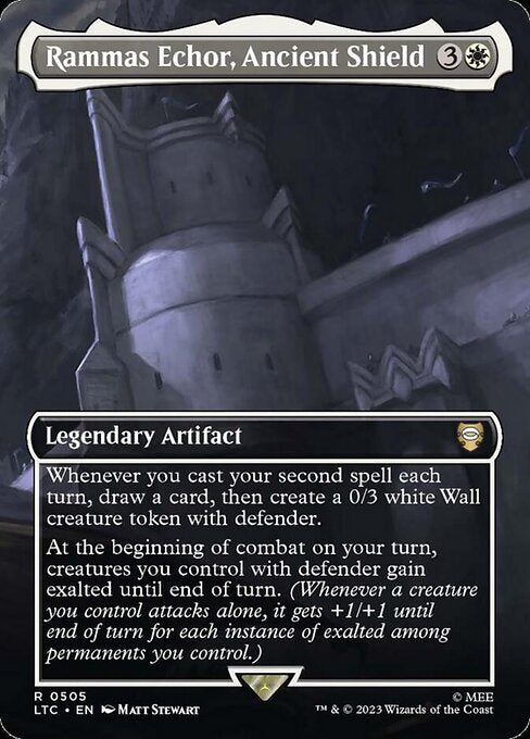 Whenever you cast your second spell each turn, draw a card, then create a 0/3 white Wall creature token with defender.
At the beginning of combat on your turn, creatures you control with defender gain exalted until end of turn. (Whenever a creature you control attacks alone, it gets +1/+1 until end of turn for each instance of exalted among permanents you control.)