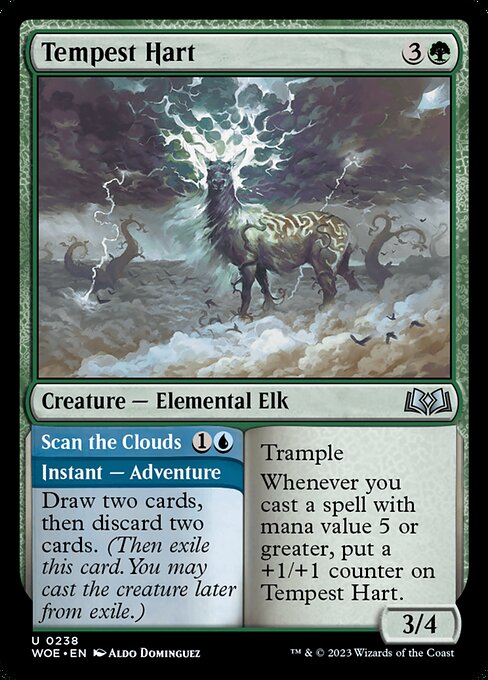 Trample
Whenever you cast a spell with mana value 5 or greater, put a +1/+1 counter on Tempest Hart. Draw two cards, then discard two cards. (Then exile this card. You may cast the creature later from exile.)