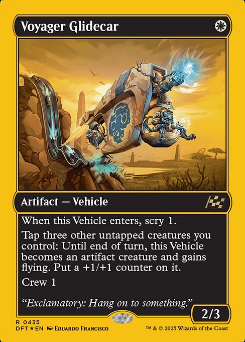 When this Vehicle enters, scry 1.
Tap three other untapped creatures you control: Until end of turn, this Vehicle becomes an artifact creature and gains flying. Put a +1/+1 counter on it.
Crew 1