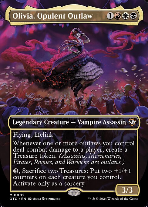 Flying, lifelink
Whenever one or more outlaws you control deal combat damage to a player, create a Treasure token. (Assassins, Mercenaries, Pirates, Rogues, and Warlocks are outlaws.)
{3}, Sacrifice two Treasures: Put two +1/+1 counters on each creature you control. Activate only as a sorcery.