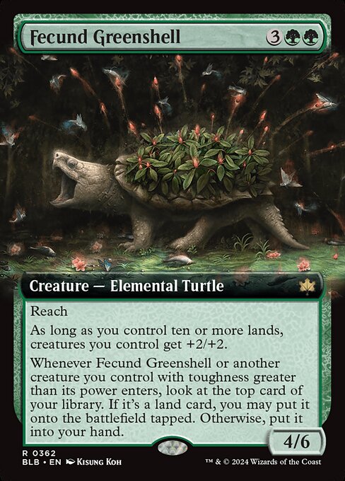 Reach
As long as you control ten or more lands, creatures you control get +2/+2.
Whenever Fecund Greenshell or another creature you control with toughness greater than its power enters, look at the top card of your library. If it's a land card, you may put it onto the battlefield tapped. Otherwise, put it into your hand.