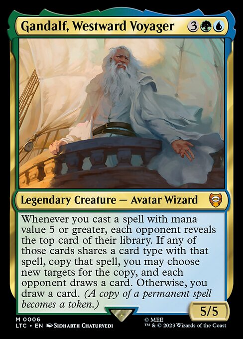 Whenever you cast a spell with mana value 5 or greater, each opponent reveals the top card of their library. If any of those cards shares a card type with that spell, copy that spell, you may choose new targets for the copy, and each opponent draws a card. Otherwise, you draw a card. (A copy of a permanent spell becomes a token.)