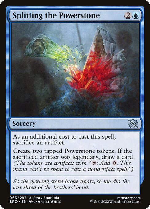 As an additional cost to cast this spell, sacrifice an artifact.
Create two tapped Powerstone tokens. If the sacrificed artifact was legendary, draw a card. (The tokens are artifacts with "{T}: Add {C}. This mana can't be spent to cast a nonartifact spell.")