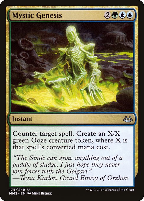 Counter target spell. Create an X/X green Ooze creature token, where X is that spell's mana value.