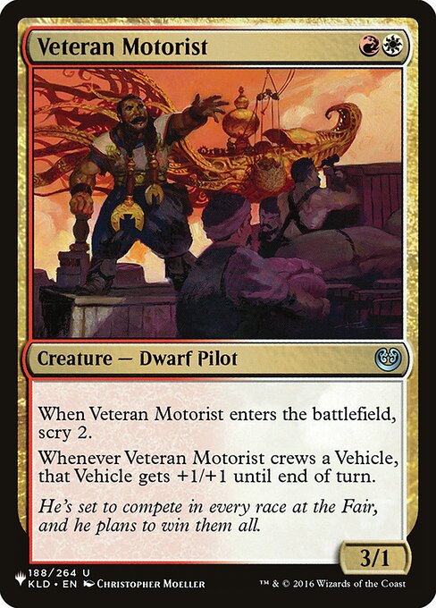 When Veteran Motorist enters, scry 2.
Whenever Veteran Motorist crews a Vehicle, that Vehicle gets +1/+1 until end of turn.