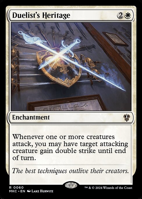 Whenever one or more creatures attack, you may have target attacking creature gain double strike until end of turn.