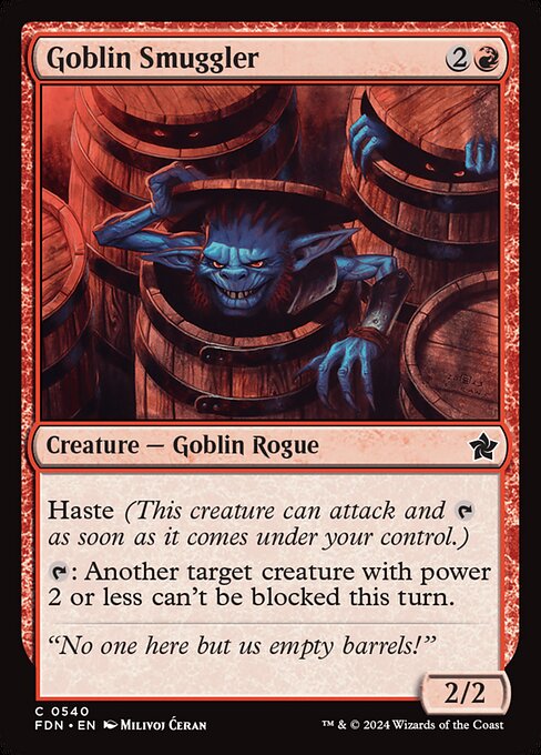 Haste (This creature can attack and {T} as soon as it comes under your control.)
{T}: Another target creature with power 2 or less can't be blocked this turn.