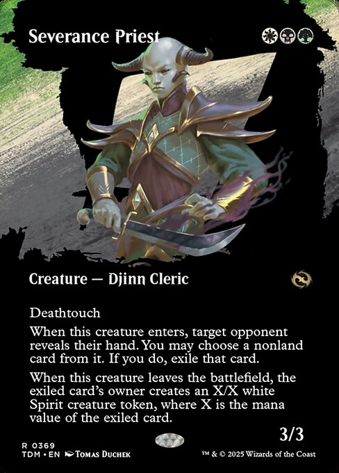 Deathtouch
When this creature enters, target opponent reveals their hand. You may choose a nonland card from it. If you do, exile that card.
When this creature leaves the battlefield, the exiled card's owner creates an X/X white Spirit creature token, where X is the mana value of the exiled card.