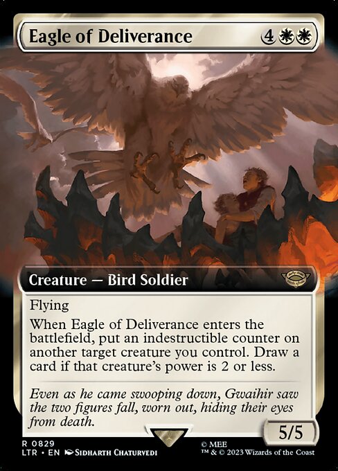 Flying
When Eagle of Deliverance enters the battlefield, put an indestructible counter on another target creature you control. Draw a card if that creature's power is 2 or less.