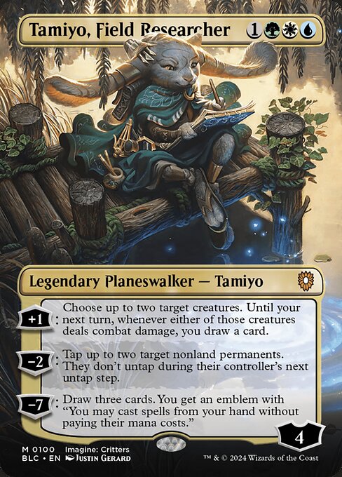 '+1: Choose up to two target creatures. Until your next turn, whenever either of those creatures deals combat damage, you draw a card.
−2: Tap up to two target nonland permanents. They don't untap during their controller's next untap step.
−7: Draw three cards. You get an emblem with "You may cast spells from your hand without paying their mana costs."