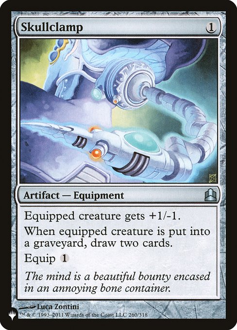 Equipped creature gets +1/-1.
Whenever equipped creature dies, draw two cards.
Equip {1}