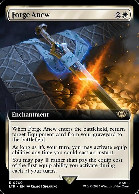 When Forge Anew enters the battlefield, return target Equipment card from your graveyard to the battlefield.
As long as it's your turn, you may activate equip abilities any time you could cast an instant.
You may pay {0} rather than pay the equip cost of the first equip ability you activate during each of your turns.