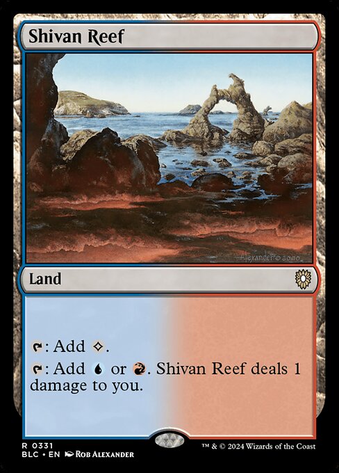 {T}: Add {C}.
{T}: Add {U} or {R}. Shivan Reef deals 1 damage to you.