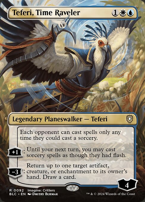 Each opponent can cast spells only any time they could cast a sorcery.
+1: Until your next turn, you may cast sorcery spells as though they had flash.
−3: Return up to one target artifact, creature, or enchantment to its owner's hand. Draw a card.