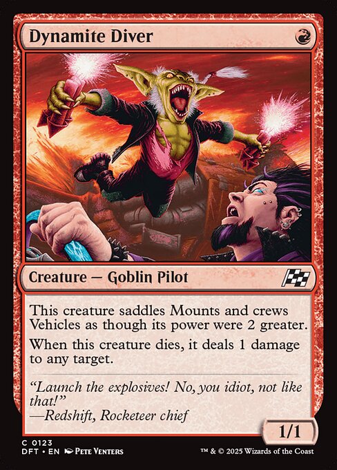 This creature saddles Mounts and crews Vehicles as though its power were 2 greater.
When this creature dies, it deals 1 damage to any target.