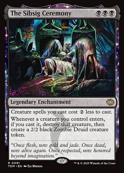 Creature spells you cast cost {2} less to cast.
Whenever a creature you control enters, if you cast it, destroy that creature, then create a 2/2 black Zombie Druid creature token.