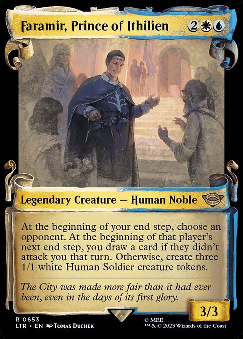 At the beginning of your end step, choose an opponent. At the beginning of that player's next end step, you draw a card if they didn't attack you that turn. Otherwise, create three 1/1 white Human Soldier creature tokens.