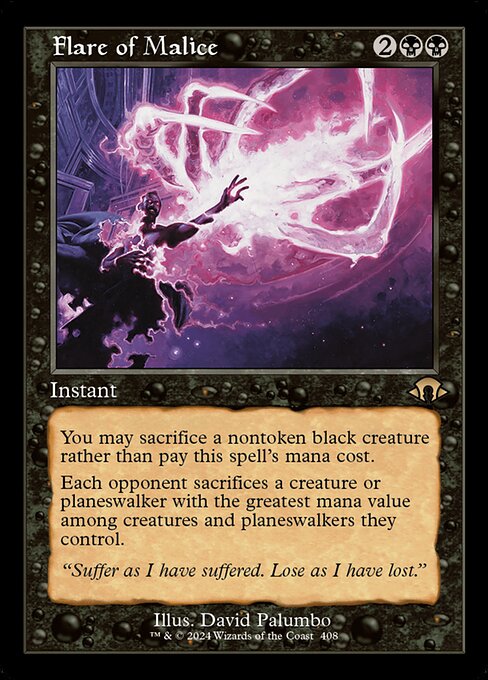 You may sacrifice a nontoken black creature rather than pay this spell's mana cost.
Each opponent sacrifices a creature or planeswalker with the greatest mana value among creatures and planeswalkers they control.