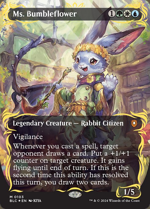 Vigilance
Whenever you cast a spell, target opponent draws a card. Put a +1/+1 counter on target creature. It gains flying until end of turn. If this is the second time this ability has resolved this turn, you draw two cards.