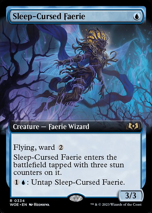 Flying, ward {2}
Sleep-Cursed Faerie enters the battlefield tapped with three stun counters on it. (If it would become untapped, remove a stun counter from it instead.)
{1}{U}: Untap Sleep-Cursed Faerie.