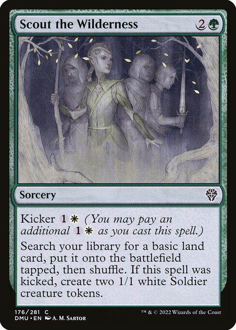 Kicker {1}{W} (You may pay an additional {1}{W} as you cast this spell.)
Search your library for a basic land card, put it onto the battlefield tapped, then shuffle. If this spell was kicked, create two 1/1 white Soldier creature tokens.