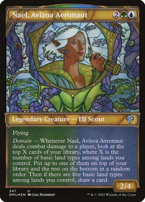 Flying
Domain — Whenever Nael, Avizoa Aeronaut deals combat damage to a player, look at the top X cards of your library, where X is the number of basic land types among lands you control. Put up to one of them on top of your library and the rest on the bottom in a random order. Then if there are five basic land types among lands you control, draw a card.