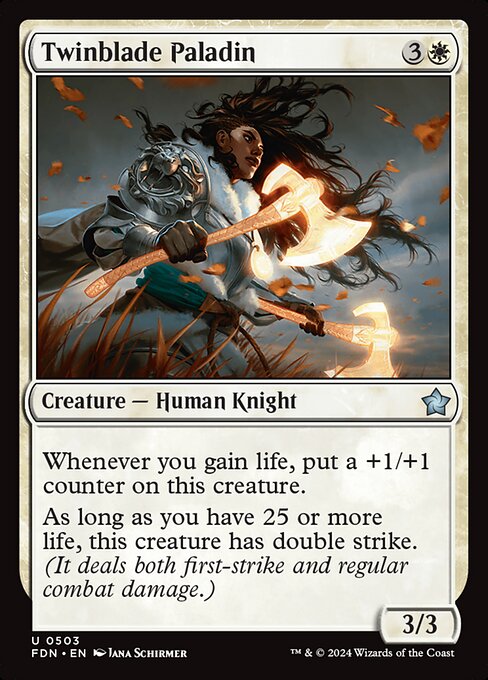 Whenever you gain life, put a +1/+1 counter on this creature.
As long as you have 25 or more life, this creature has double strike. (It deals both first-strike and regular combat damage.)