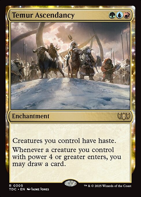 Creatures you control have haste.
Whenever a creature you control with power 4 or greater enters, you may draw a card.