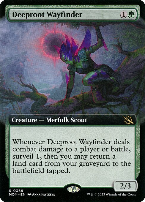 Whenever Deeproot Wayfinder deals combat damage to a player or battle, surveil 1, then you may return a land card from your graveyard to the battlefield tapped. (To surveil 1, look at the top card of your library. You may put that card into your graveyard.)