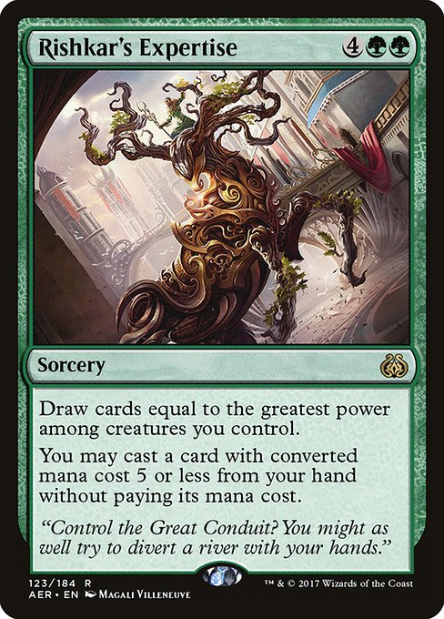 Draw cards equal to the greatest power among creatures you control.
You may cast a spell with mana value 5 or less from your hand without paying its mana cost.