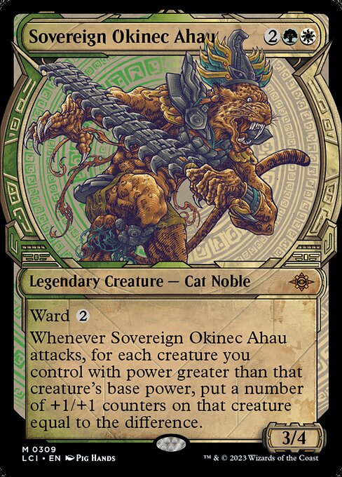 Ward {2}
Whenever Sovereign Okinec Ahau attacks, for each creature you control with power greater than that creature's base power, put a number of +1/+1 counters on that creature equal to the difference.
