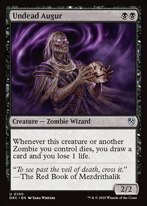 Whenever this creature or another Zombie you control dies, you draw a card and you lose 1 life.