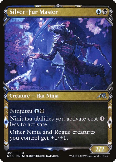 Ninjutsu {U}{B} ({U}{B}, Return an unblocked attacker you control to hand: Put this card onto the battlefield from your hand tapped and attacking.)
Ninjutsu abilities you activate cost {1} less to activate.
Other Ninja and Rogue creatures you control get +1/+1.
