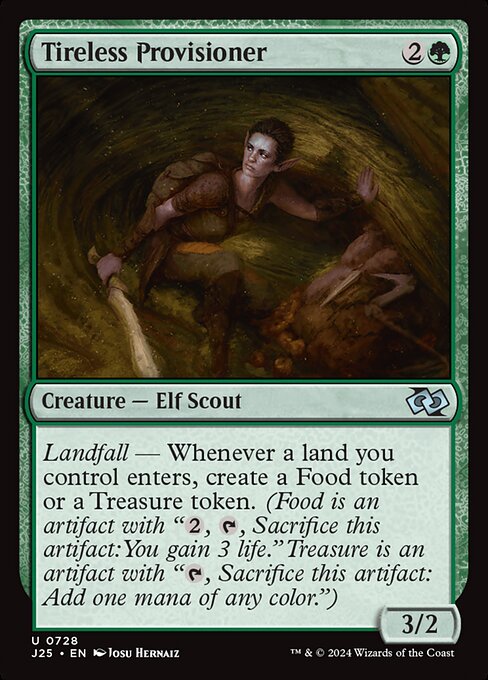 Landfall — Whenever a land you control enters, create a Food token or a Treasure token. (Food is an artifact with "{2}, {T}, Sacrifice this artifact: You gain 3 life." Treasure is an artifact with "{T}, Sacrifice this artifact: Add one mana of any color.")