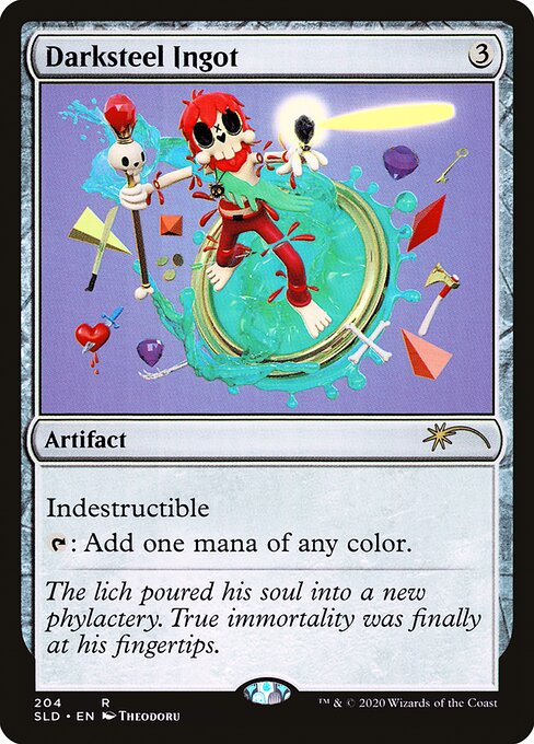 Indestructible (Effects that say "destroy" don't destroy this artifact.)
{T}: Add one mana of any color.