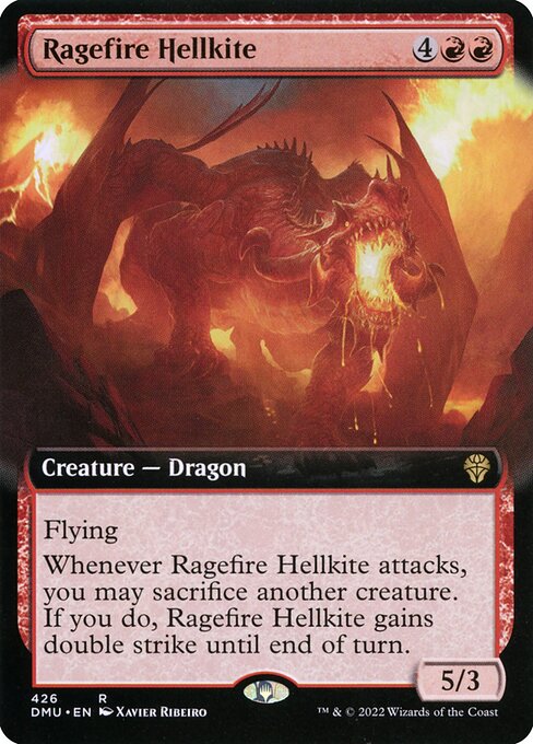Flying
Whenever Ragefire Hellkite attacks, you may sacrifice another creature. If you do, Ragefire Hellkite gains double strike until end of turn.