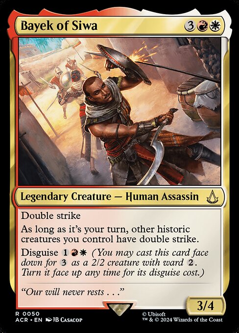 Double strike
As long as it's your turn, other historic creatures you control have double strike.
Disguise {1}{R}{W} (You may cast this card face down for {3} as a 2/2 creature with ward {2}. Turn it face up any time for its disguise cost.)