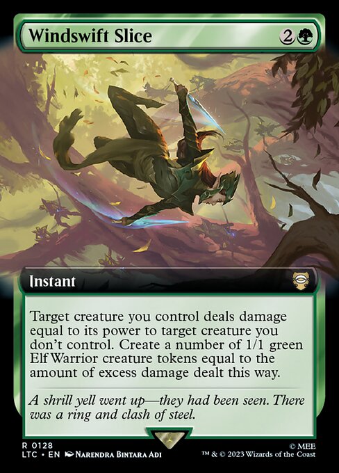 Target creature you control deals damage equal to its power to target creature you don't control. Create a number of 1/1 green Elf Warrior creature tokens equal to the amount of excess damage dealt this way.