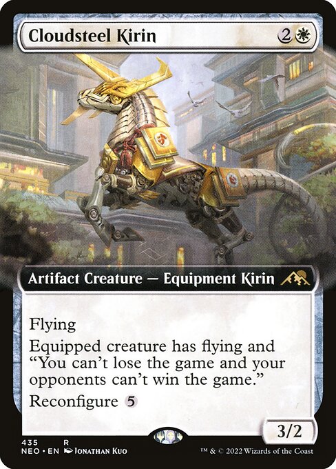 Flying
Equipped creature has flying and "You can't lose the game and your opponents can't win the game."
Reconfigure {5} ({5}: Attach to target creature you control; or unattach from a creature. Reconfigure only as a sorcery. While attached, this isn't a creature.)