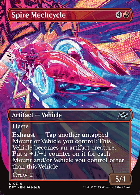 Haste
Exhaust — Tap another untapped Mount or Vehicle you control: This Vehicle becomes an artifact creature. Put a +1/+1 counter on it for each Mount and/or Vehicle you control other than this Vehicle. (Activate each exhaust ability only once.)
Crew 2