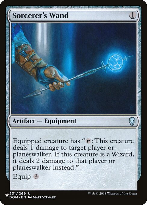 Equipped creature has "{T}: This creature deals 1 damage to target player or planeswalker. If this creature is a Wizard, it deals 2 damage instead."
Equip {3}