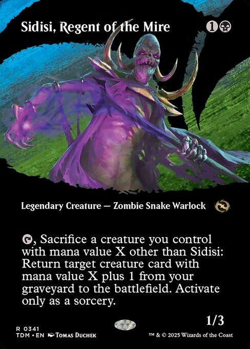 {T}, Sacrifice a creature you control with mana value X other than Sidisi: Return target creature card with mana value X plus 1 from your graveyard to the battlefield. Activate only as a sorcery.