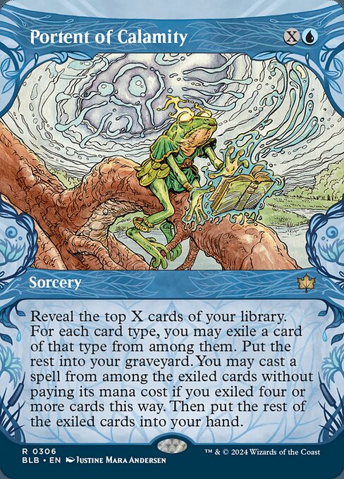 Reveal the top X cards of your library. For each card type, you may exile a card of that type from among them. Put the rest into your graveyard. You may cast a spell from among the exiled cards without paying its mana cost if you exiled four or more cards this way. Then put the rest of the exiled cards into your hand.