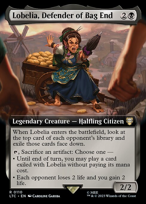 When Lobelia enters, look at the top card of each opponent's library and exile those cards face down.
{T}, Sacrifice an artifact: Choose one —
• Until end of turn, you may play a card exiled with Lobelia without paying its mana cost.
• Each opponent loses 2 life and you gain 2 life.
