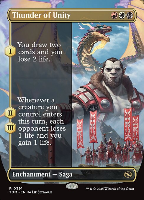 (As this Saga enters step, add a lore counter. Sacrifice after III.)
I — You draw two cards and you lose 2 life.
II, III — Whenever a creature you control enters this turn, each opponent loses 1 life and you gain 1 life.