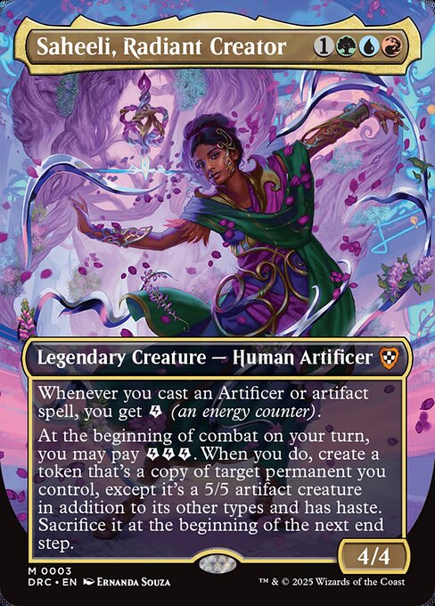Whenever you cast an Artificer or artifact spell, you get {E} (an energy counter).
At the beginning of combat on your turn, you may pay {E}{E}{E}. When you do, create a token that's a copy of target permanent you control, except it's a 5/5 artifact creature in addition to its other types and has haste. Sacrifice it at the beginning of the next end step.